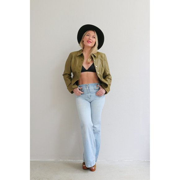 2000's Y2K Peplum Leather Jacket // Women's Size Small to Medium // Pea Green - Picture 8 of 10